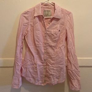 Guess? Pink pinstripe button down blouse